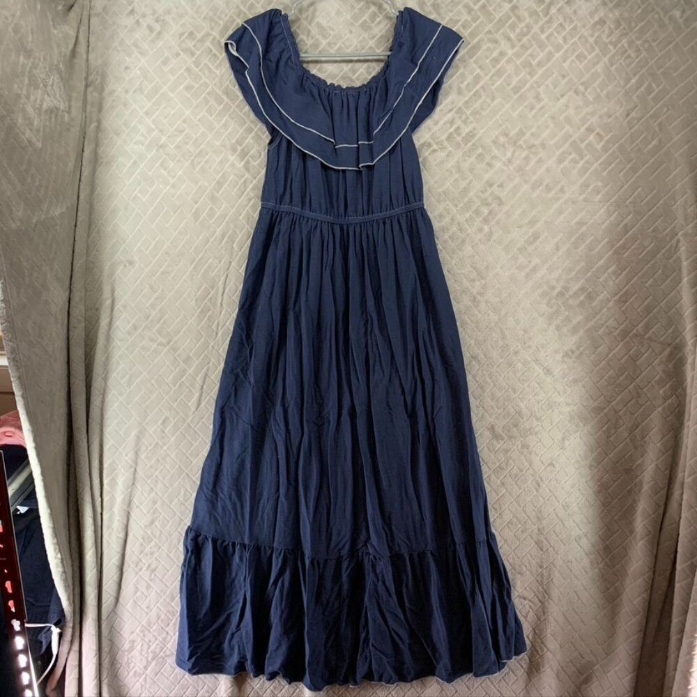 Anna Kaci Dress Womens M Blue Ruched Off Shoulder Ruffle Long Midi Flowy Coastal - Picture 10 of 13